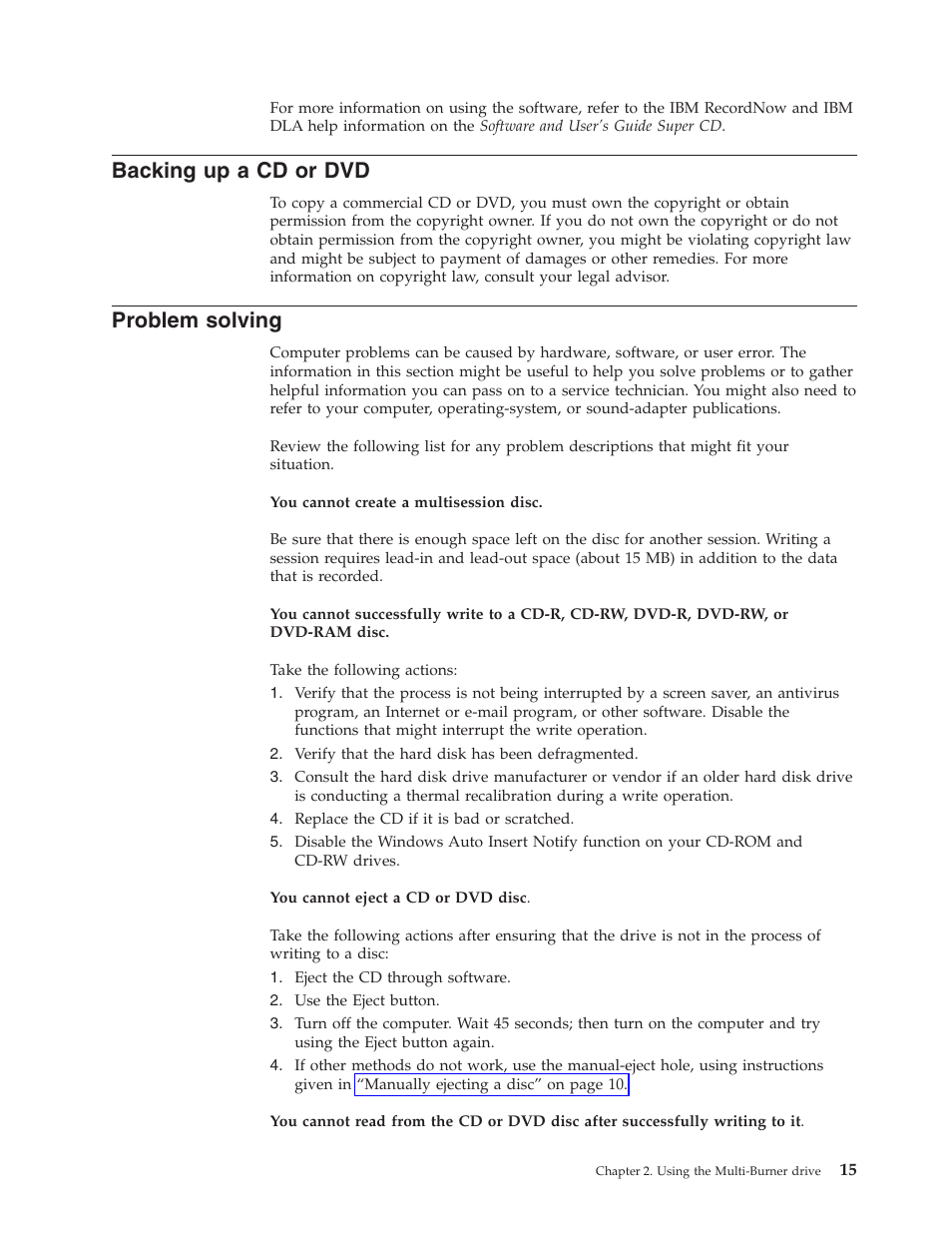 Backing up a cd or dvd, Problem solving, Backing | Problem, Solving | IBM ThinkPad 73P3279 User Manual | Page 23 / 54