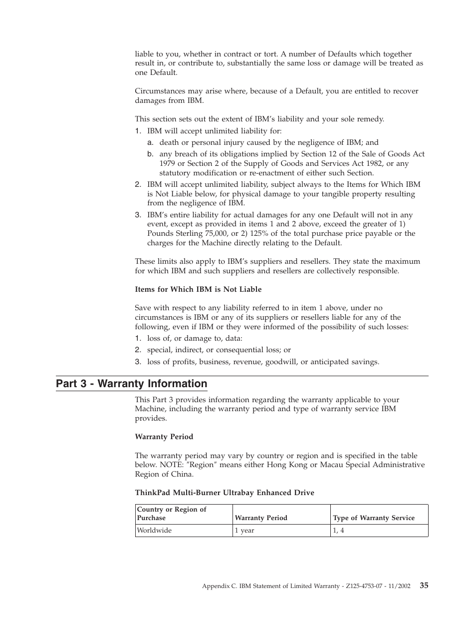 Part 3 - warranty information, Part, Warranty | Information | IBM ThinkPad 73P3279 User Manual | Page 43 / 54