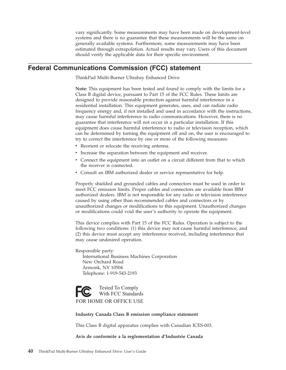 Federal communications commission (fcc) statement, Federal, Communications | Commission, Fcc), Statement | IBM ThinkPad 73P3279 User Manual | Page 48 / 54