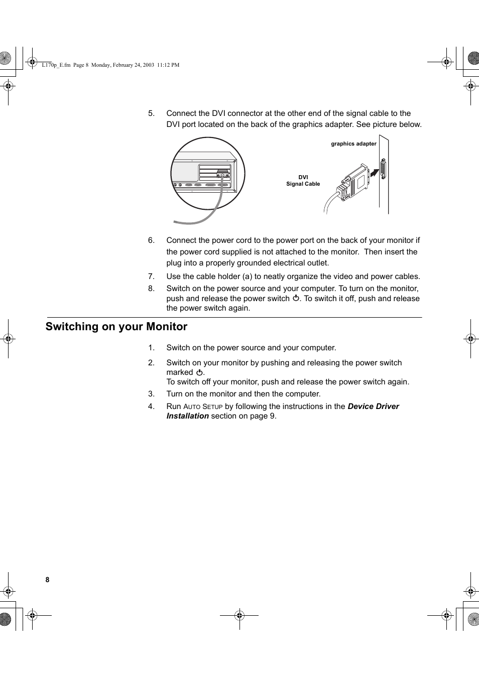 Switching on your monitor | IBM L170p User Manual | Page 10 / 36