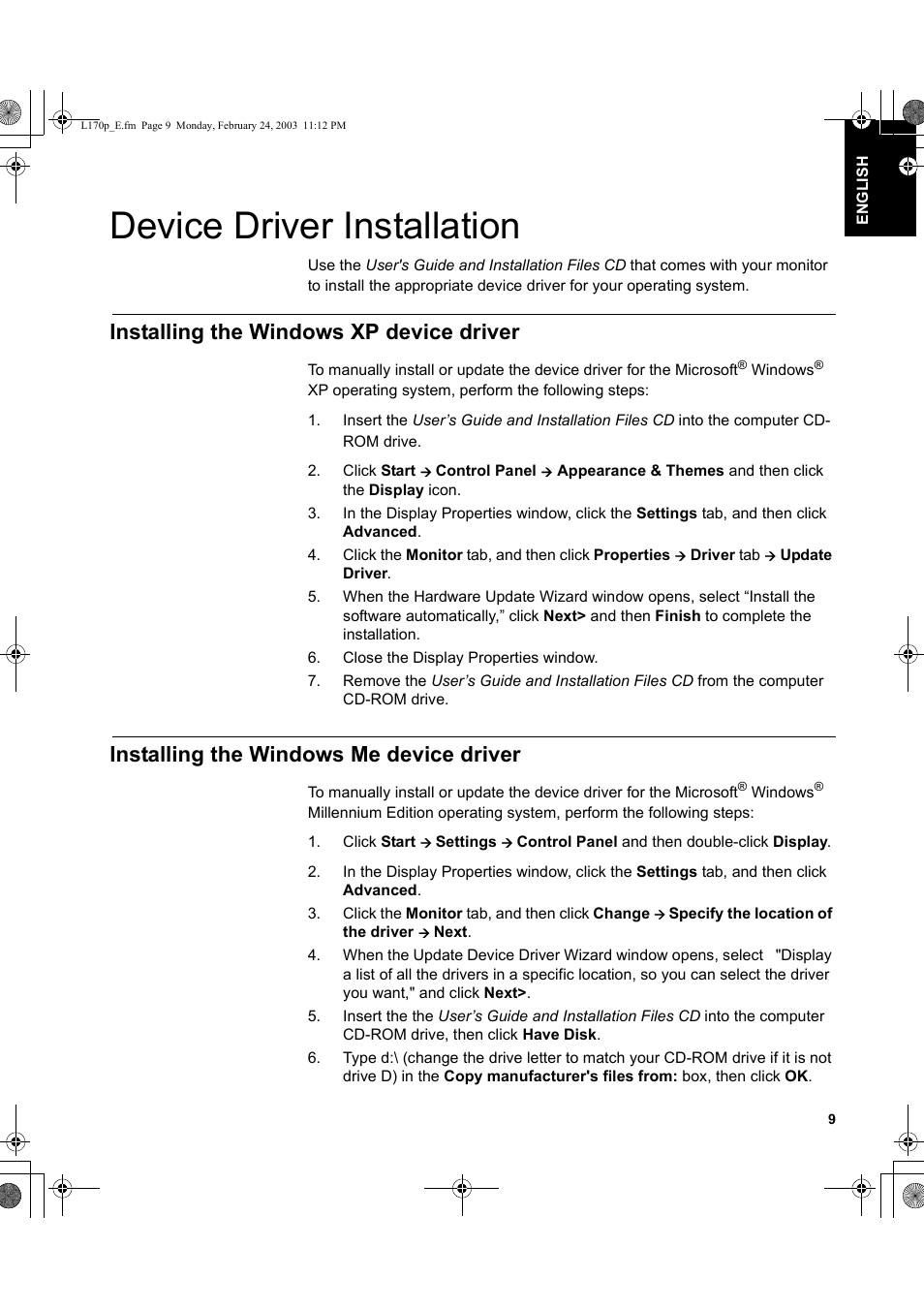 Device driver installation, Installing the windows xp device driver, Installing the windows me device driver | IBM L170p User Manual | Page 11 / 36