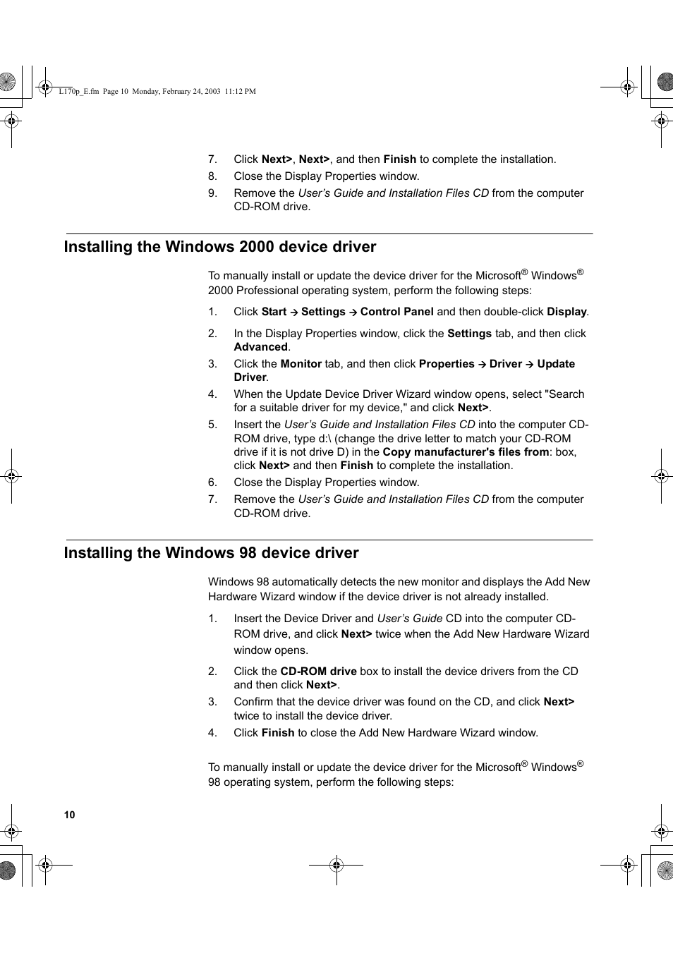 Installing the windows 2000 device driver, Installing the windows 98 device driver | IBM L170p User Manual | Page 12 / 36