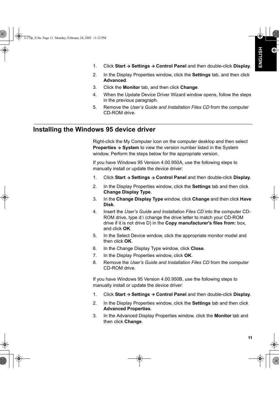 Installing the windows 95 device driver | IBM L170p User Manual | Page 13 / 36