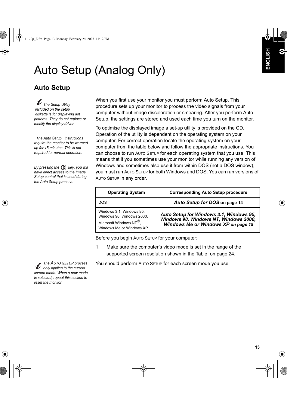 Auto setup (analog only), Auto setup | IBM L170p User Manual | Page 15 / 36