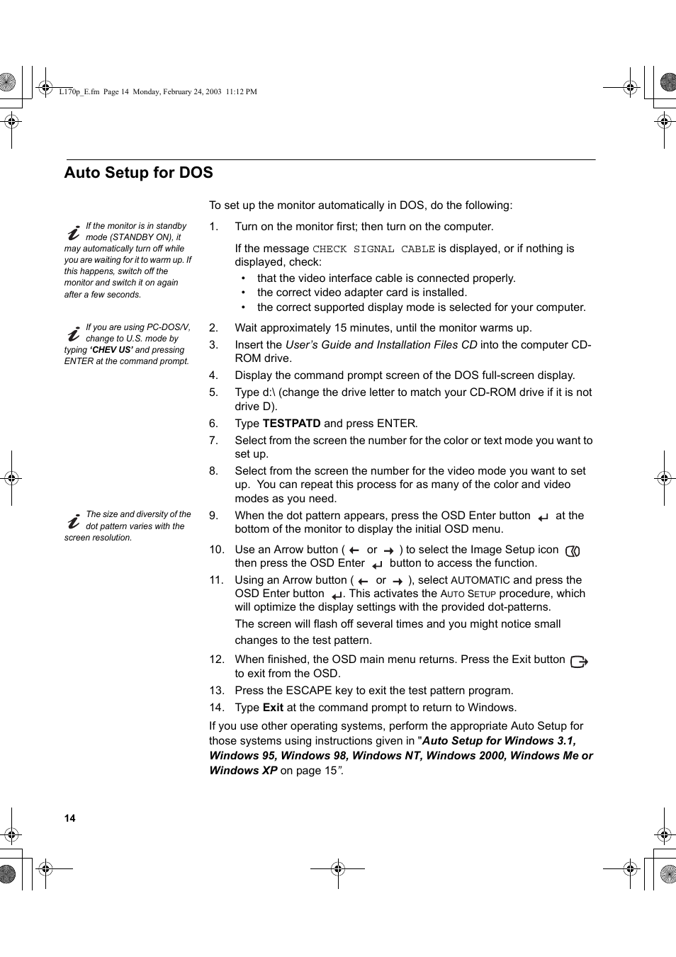 Auto setup for dos | IBM L170p User Manual | Page 16 / 36