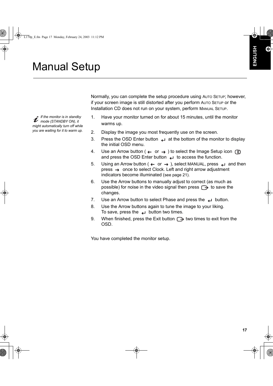 Manual setup | IBM L170p User Manual | Page 19 / 36