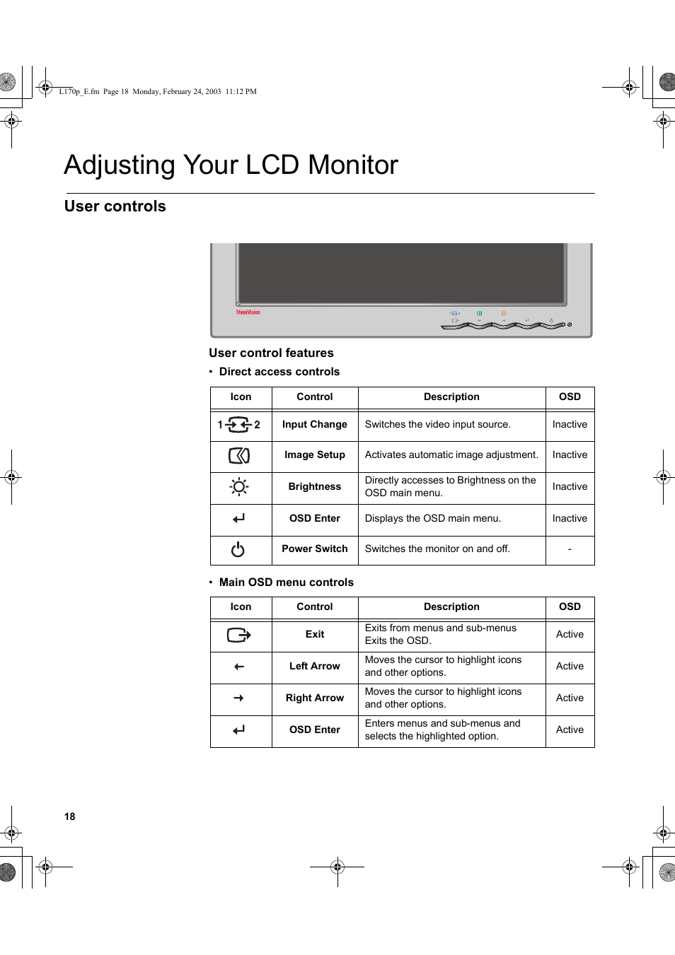 Adjusting your lcd monitor, User controls | IBM L170p User Manual | Page 20 / 36