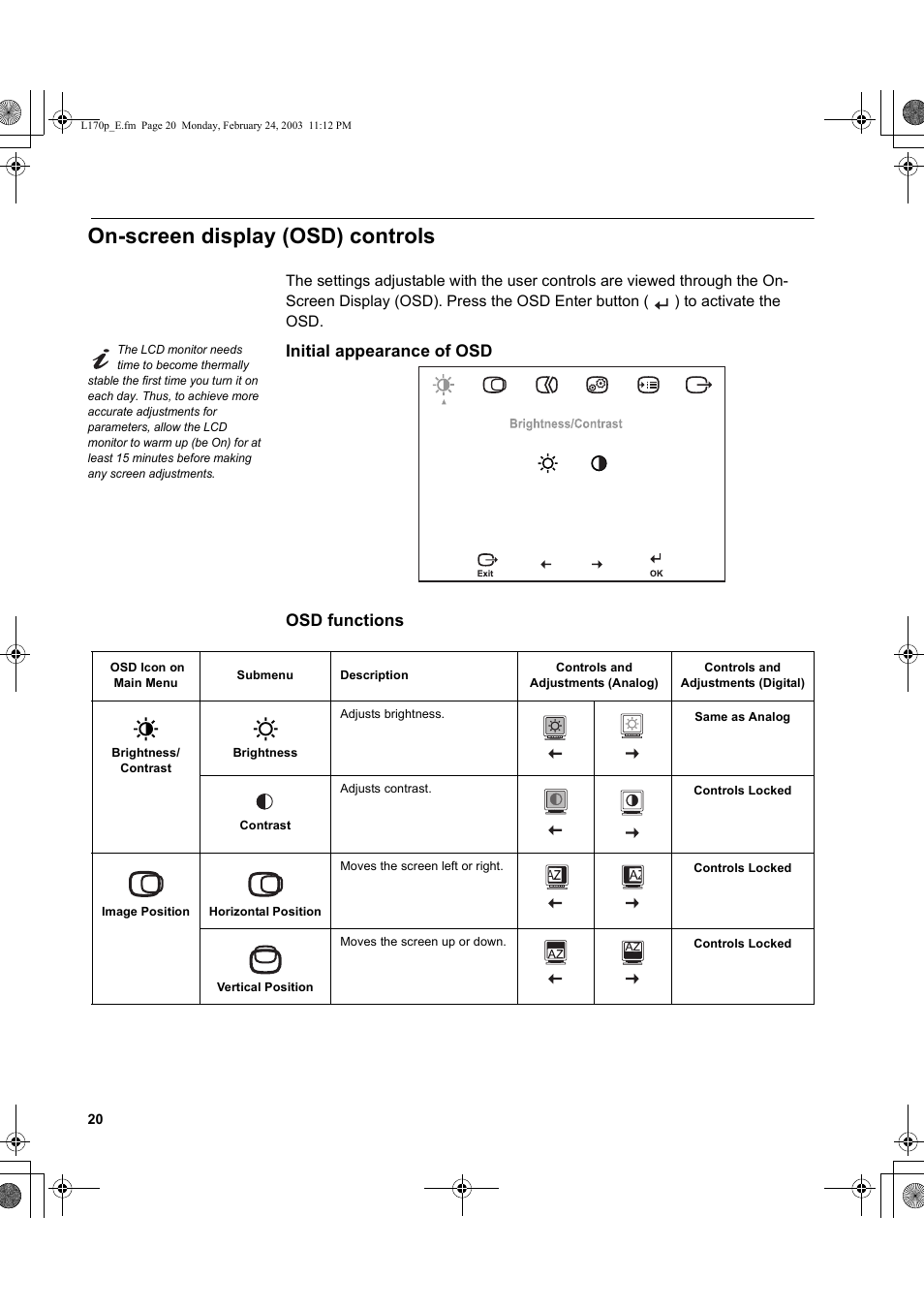 On-screen display (osd) controls, Initial appearance of osd osd functions | IBM L170p User Manual | Page 22 / 36