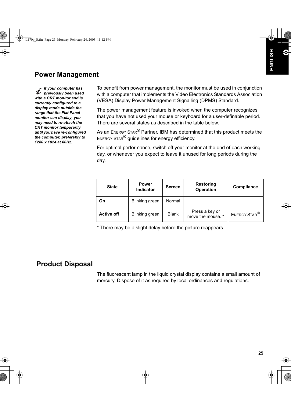 Power management, Product disposal | IBM L170p User Manual | Page 27 / 36