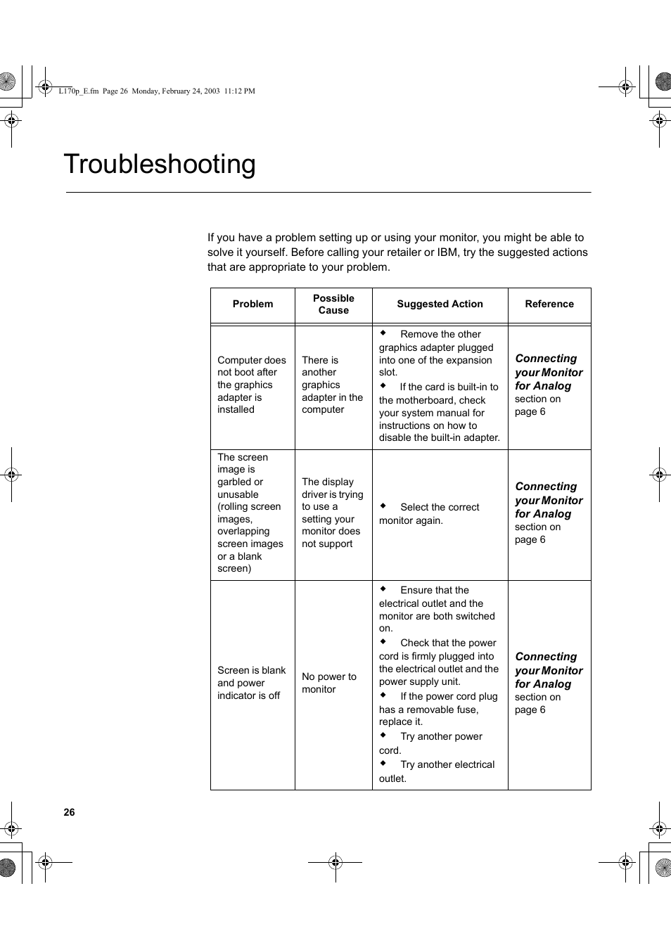 Troubleshooting | IBM L170p User Manual | Page 28 / 36