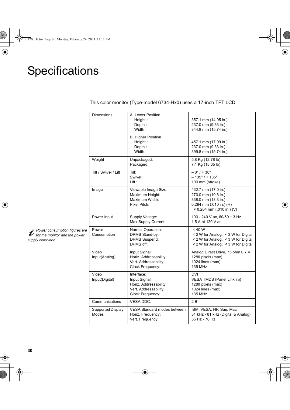 Specifications | IBM L170p User Manual | Page 32 / 36