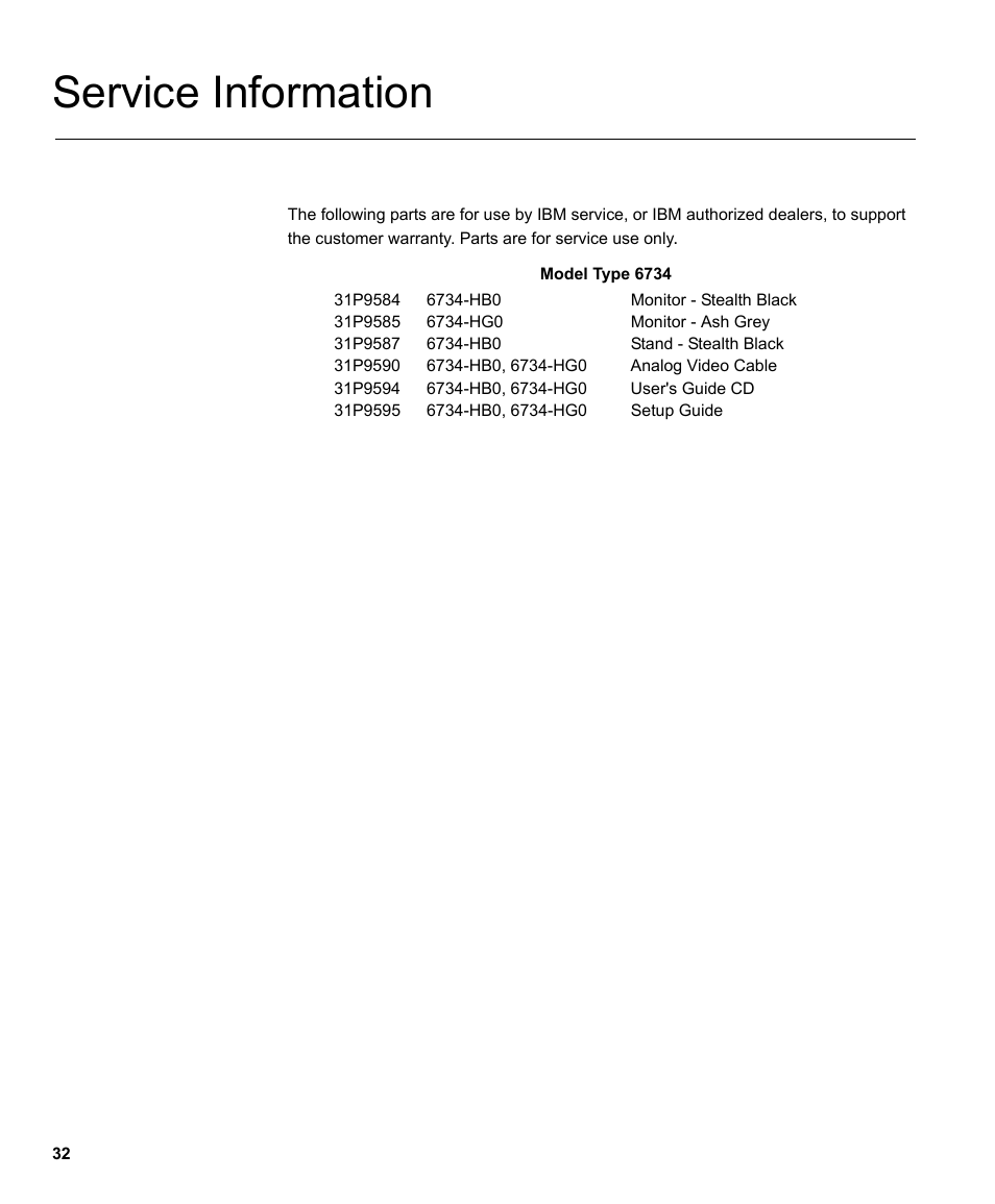 Service information | IBM L170p User Manual | Page 34 / 36