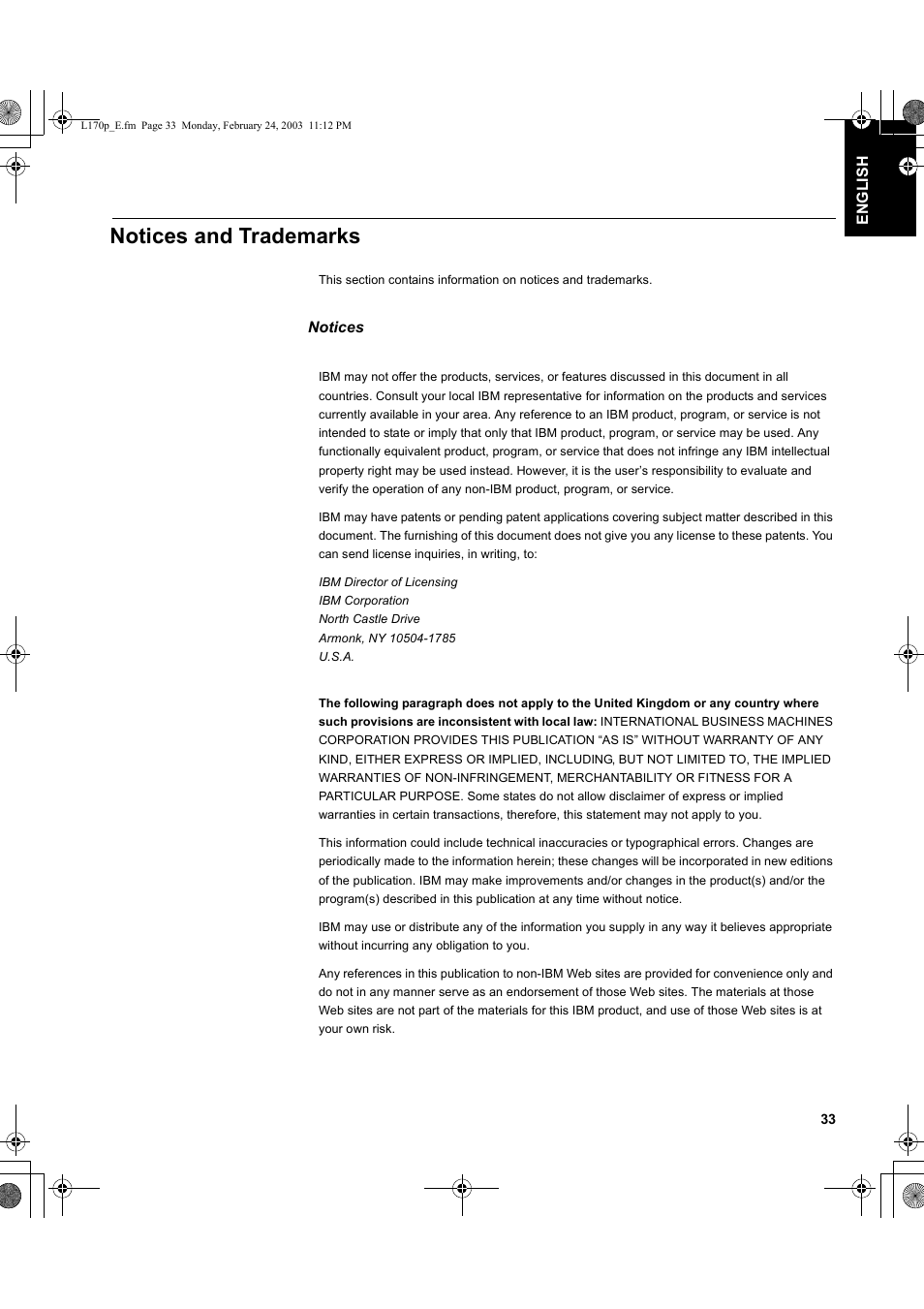 Notices and trademarks, Notices | IBM L170p User Manual | Page 35 / 36