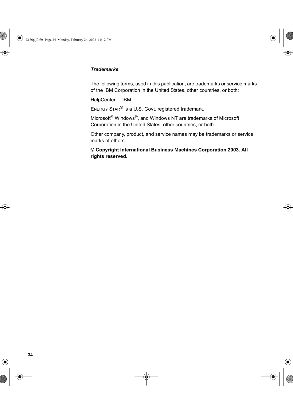 Trademarks | IBM L170p User Manual | Page 36 / 36