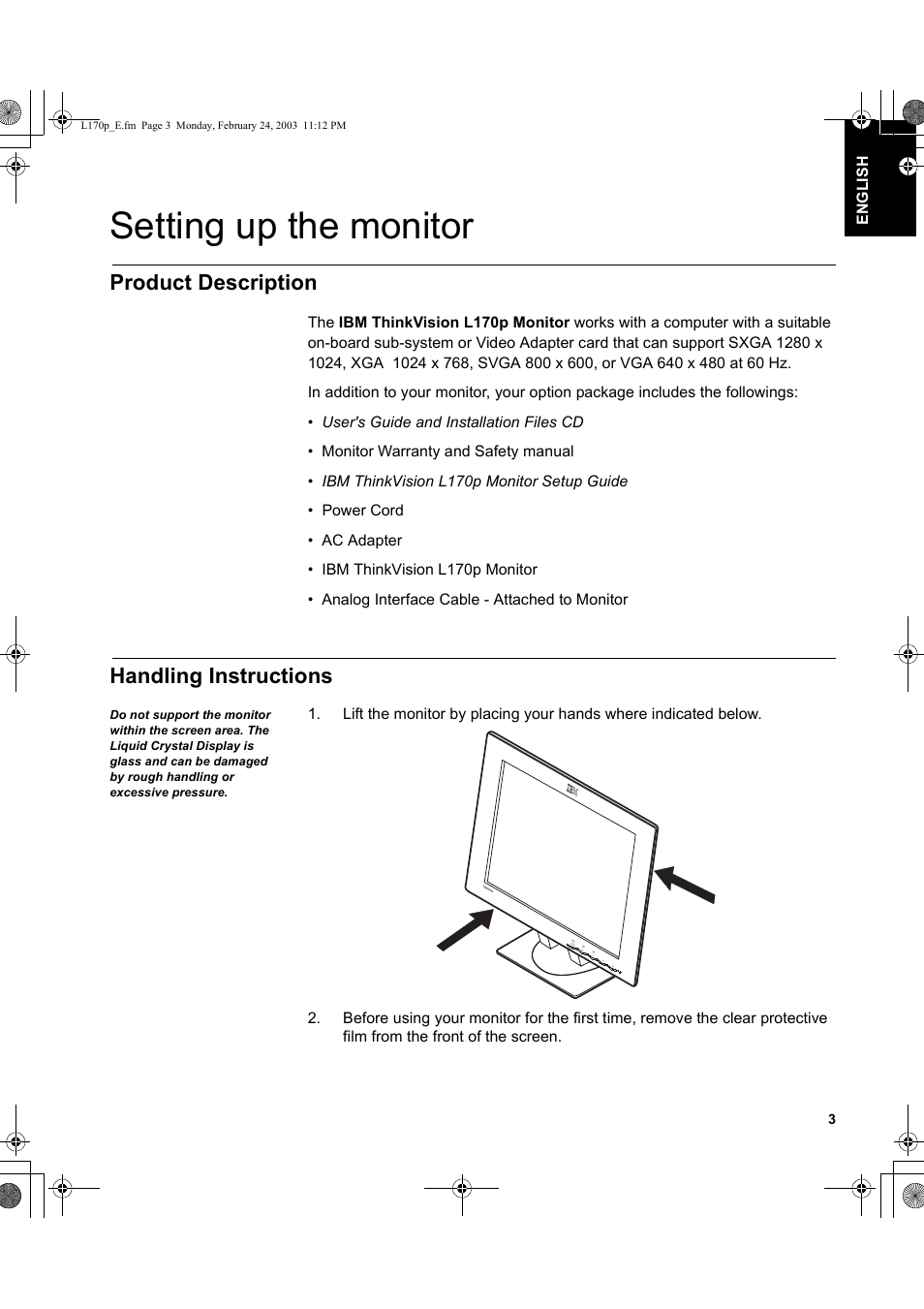 Setting up the monitor, Product description, Handling instructions | IBM L170p User Manual | Page 5 / 36