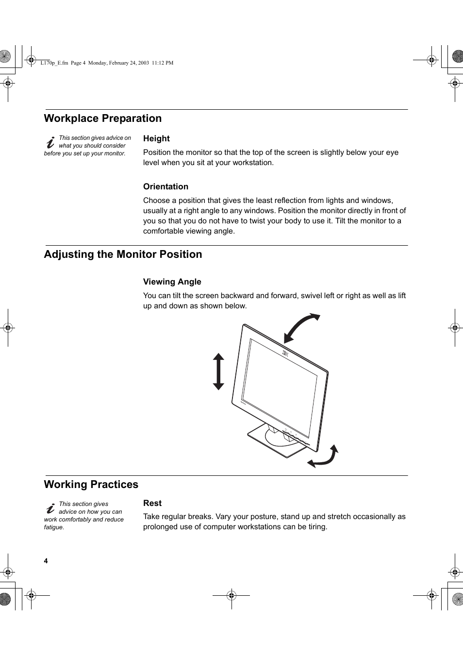 Workplace preparation, Adjusting the monitor position, Working practices | IBM L170p User Manual | Page 6 / 36