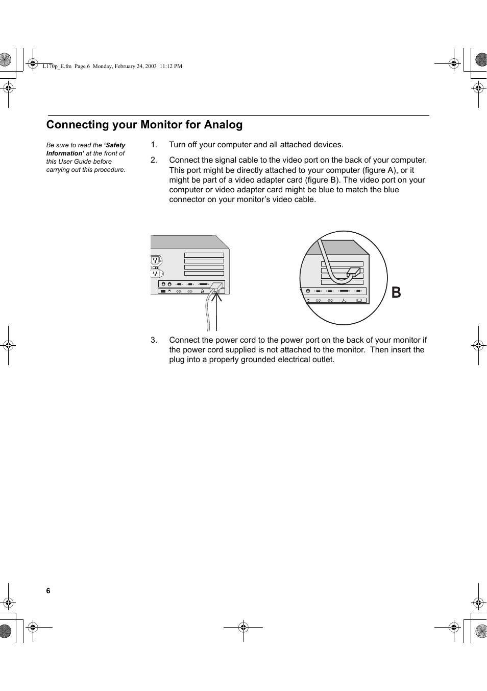 Connecting your monitor for analog | IBM L170p User Manual | Page 8 / 36