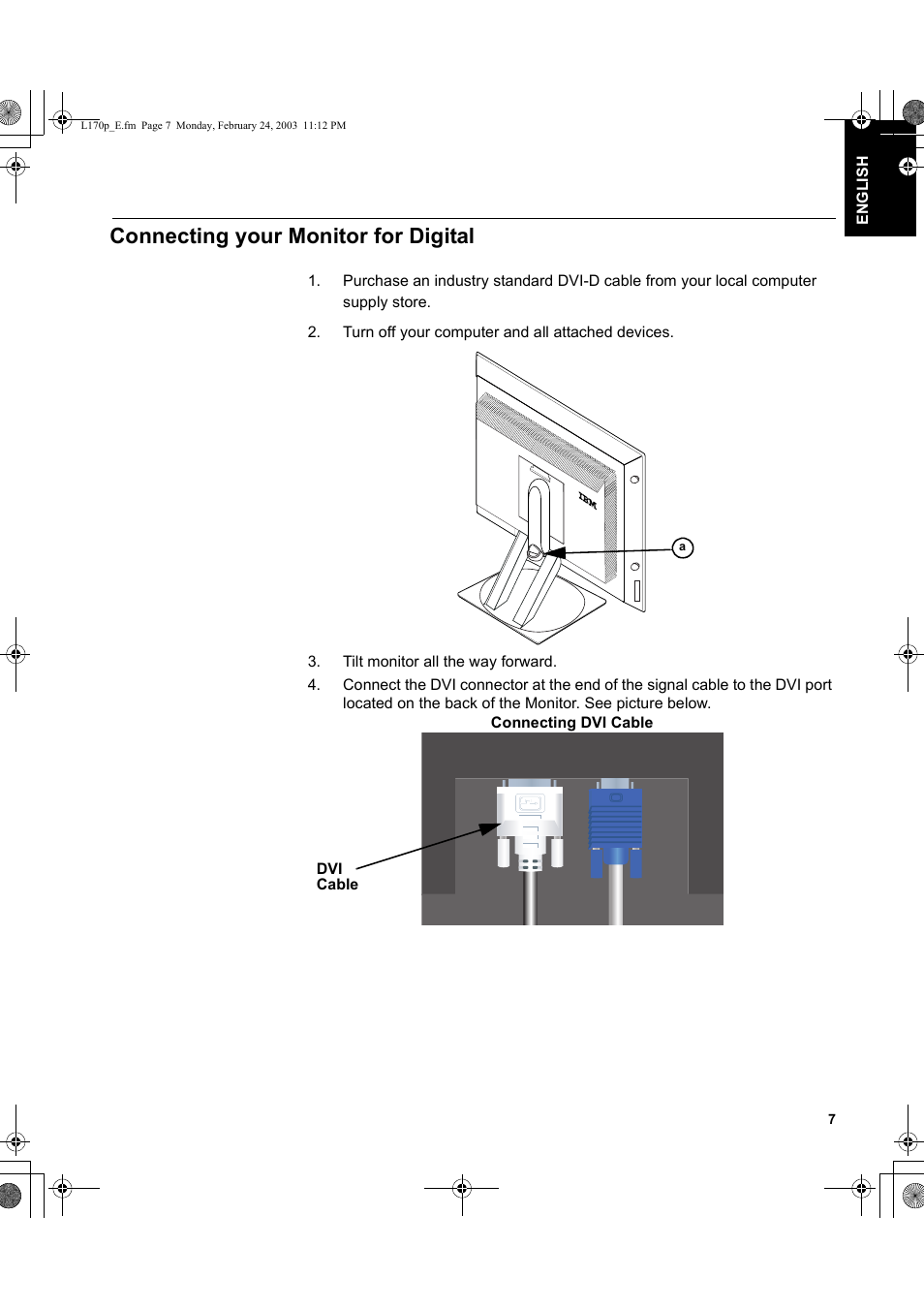 Connecting your monitor for digital | IBM L170p User Manual | Page 9 / 36