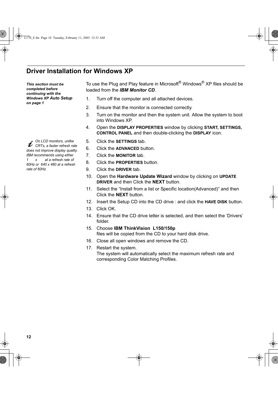 Driver installation for windows xp | IBM THINKVISION MONITOR L150 User Manual | Page 14 / 35