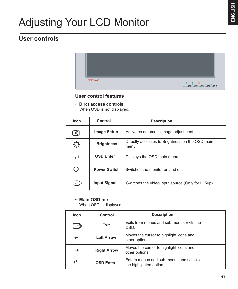 Adjusting your lcd monitor, User controls | IBM THINKVISION MONITOR L150 User Manual | Page 19 / 35