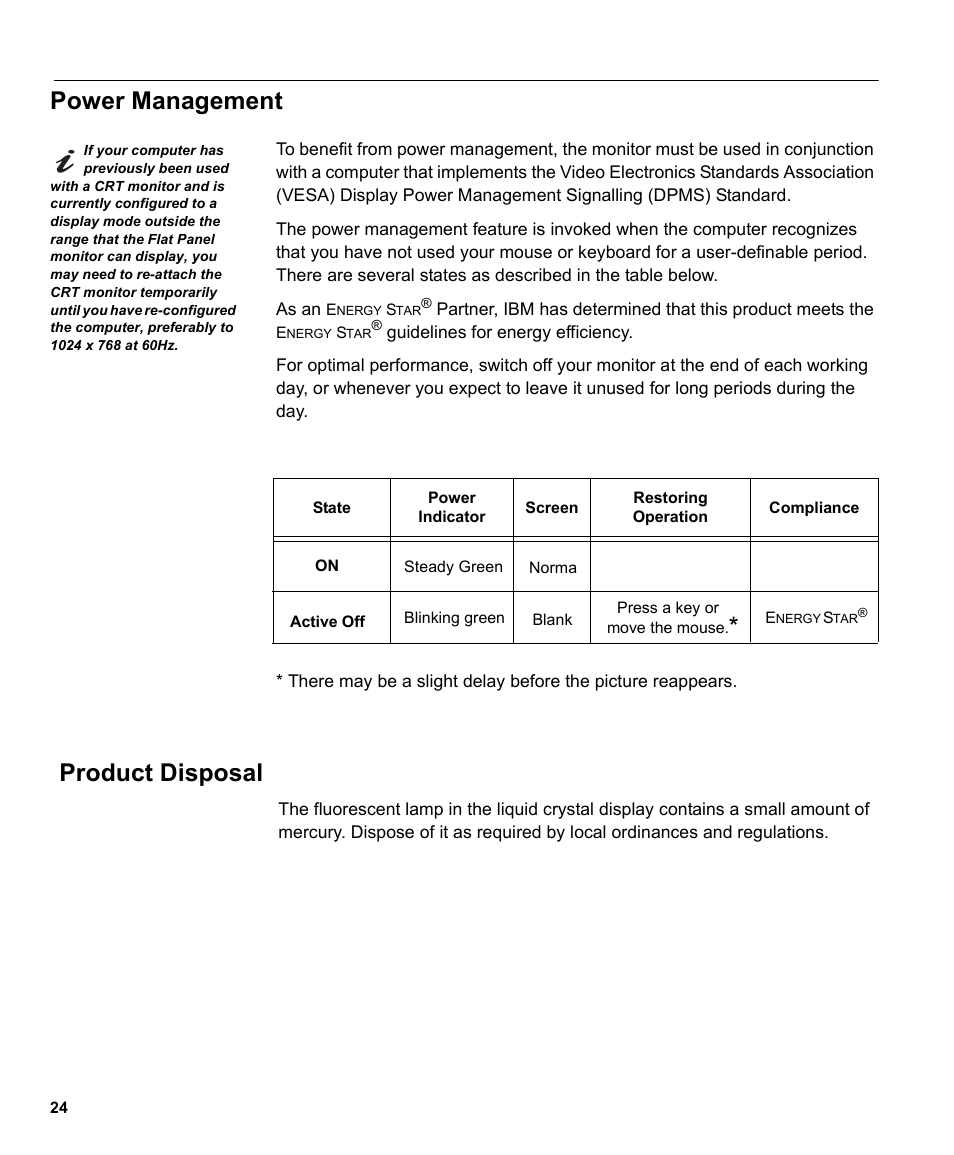 Power management, Product disposal | IBM THINKVISION MONITOR L150 User Manual | Page 26 / 35