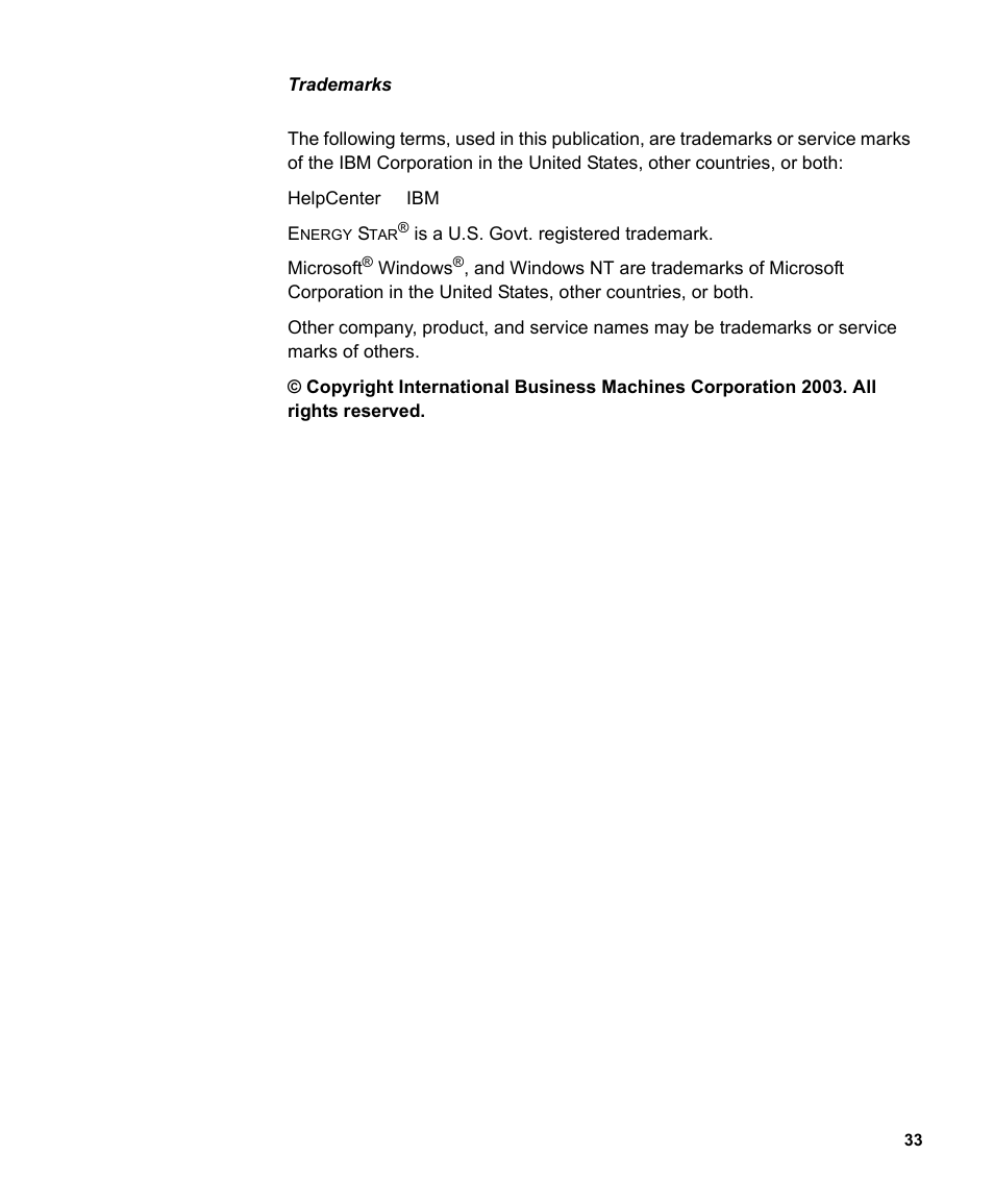 Trademarks | IBM THINKVISION MONITOR L150 User Manual | Page 35 / 35