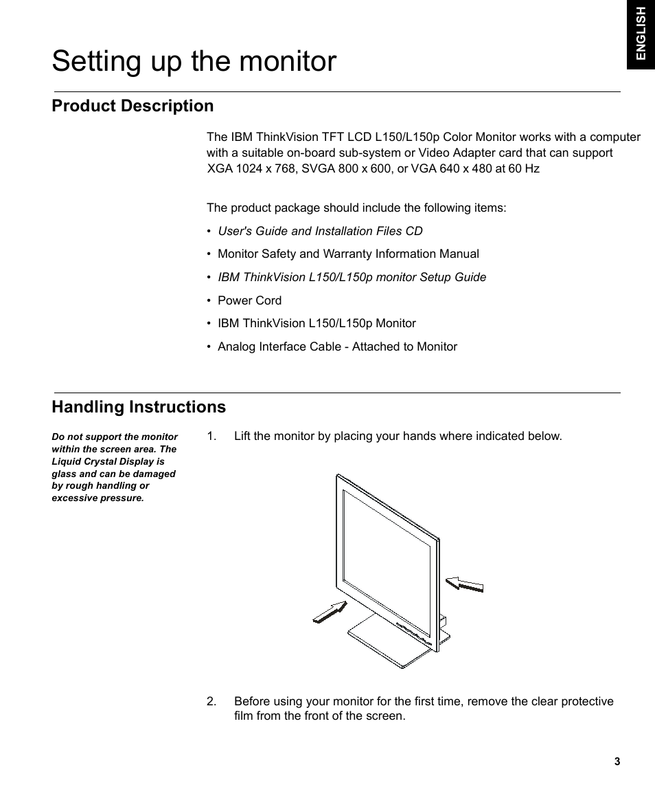 Setting up the monitor, Product description, Handling instructions | IBM THINKVISION MONITOR L150 User Manual | Page 5 / 35