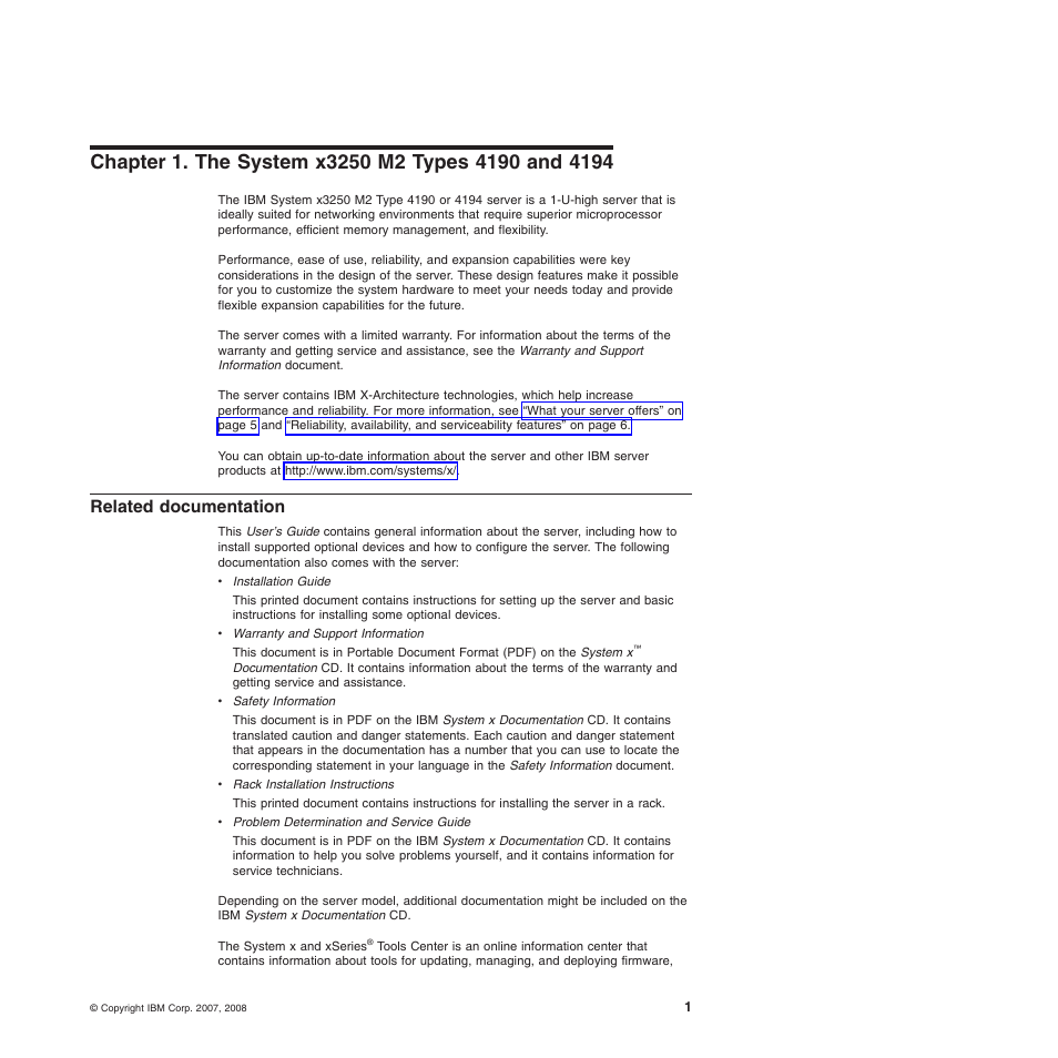 Chapter 1. the system x3250 m2 types 4190 and 4194, Related documentation, Chapter | System, X3250, Types, Related, Documentation | IBM 4190 User Manual | Page 15 / 84