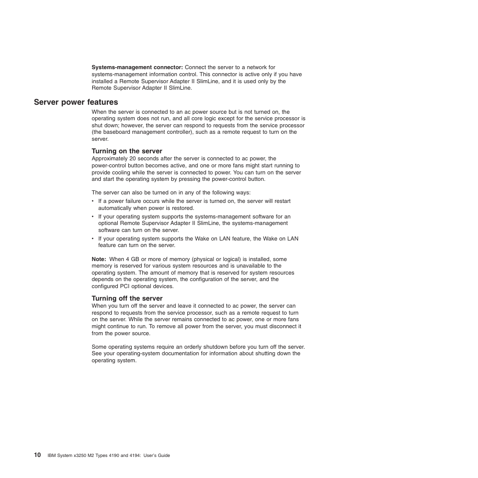 Server power features, Turning on the server, Turning off the server | Server, Power, Features | IBM 4190 User Manual | Page 24 / 84