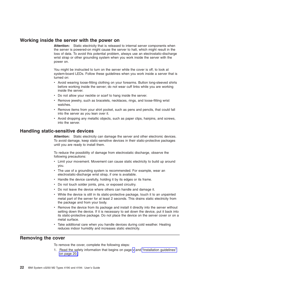 Working inside the server with the power on, Handling static-sensitive devices, Removing the cover | Working, Inside, Server, With, Power, Handling, Static-sensitive | IBM 4190 User Manual | Page 36 / 84