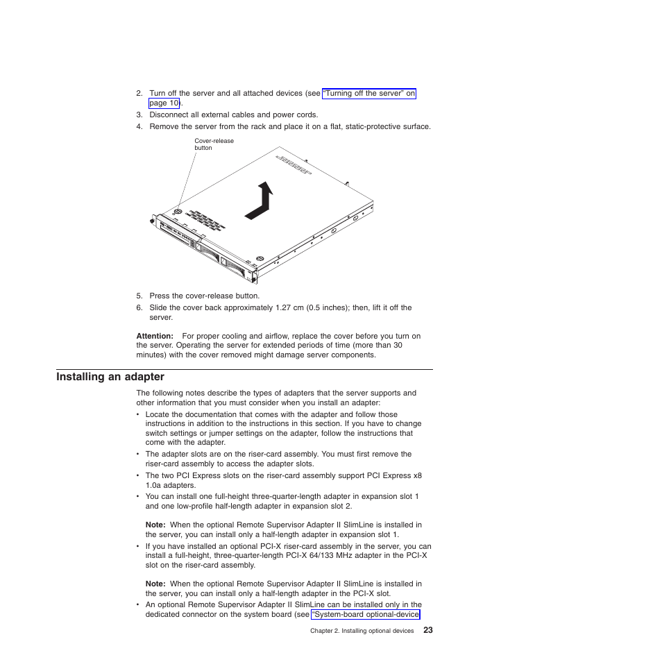 Installing an adapter, Installing, Adapter | IBM 4190 User Manual | Page 37 / 84