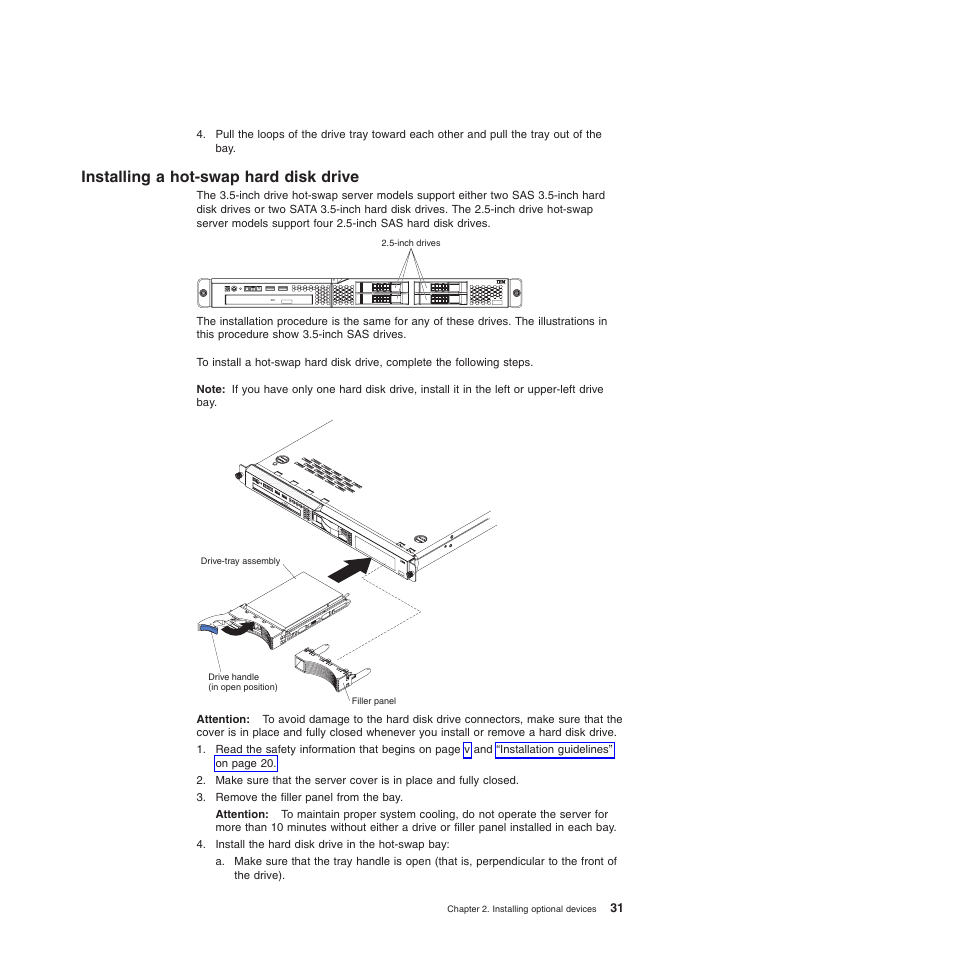 Installing a hot-swap hard disk drive, Installing, Hot-swap | Hard, Disk, Drive | IBM 4190 User Manual | Page 45 / 84