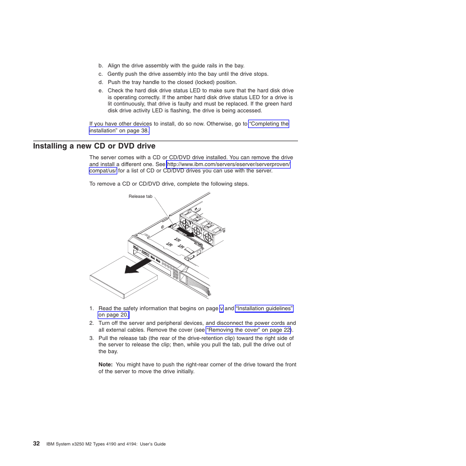 Installing a new cd or dvd drive, Installing, Drive | IBM 4190 User Manual | Page 46 / 84