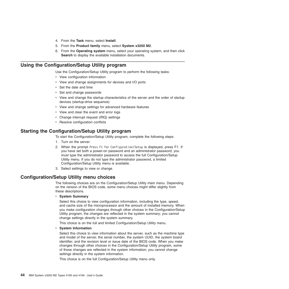 Using the configuration/setup utility program, Starting the configuration/setup utility program, Configuration/setup utility menu choices | Using, Configuration/setup, Utility, Program, Starting, Menu, Choices | IBM 4190 User Manual | Page 58 / 84