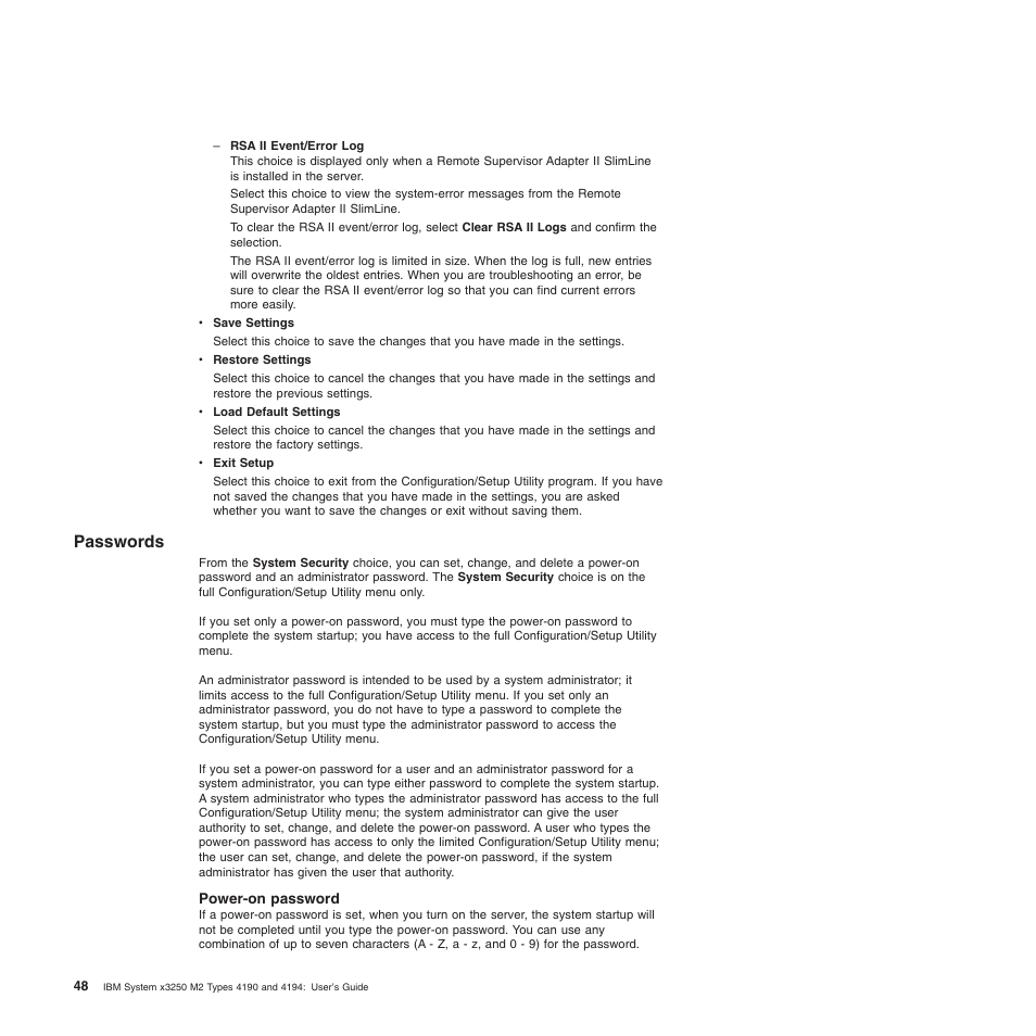Passwords, Power-on password, Power-on | Password | IBM 4190 User Manual | Page 62 / 84