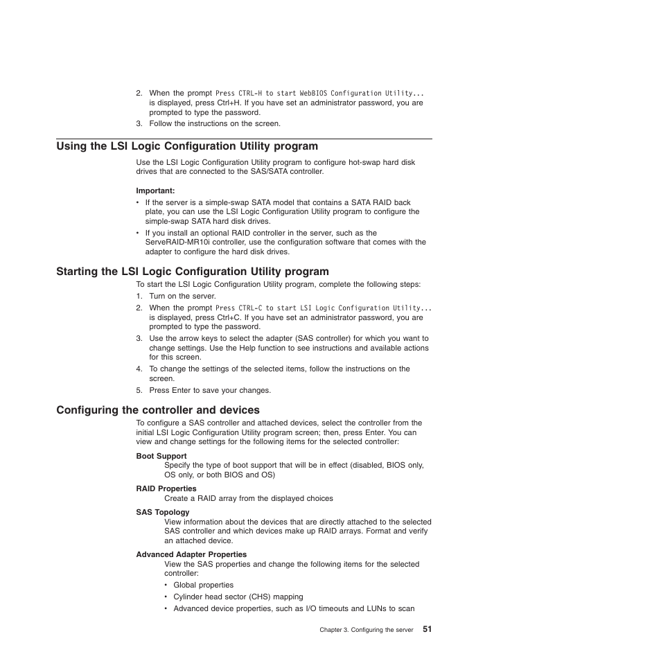 Using the lsi logic configuration utility program, Configuring the controller and devices, Using | Logic, Configuration, Utility, Program, Starting, Configuring, Controller | IBM 4190 User Manual | Page 65 / 84