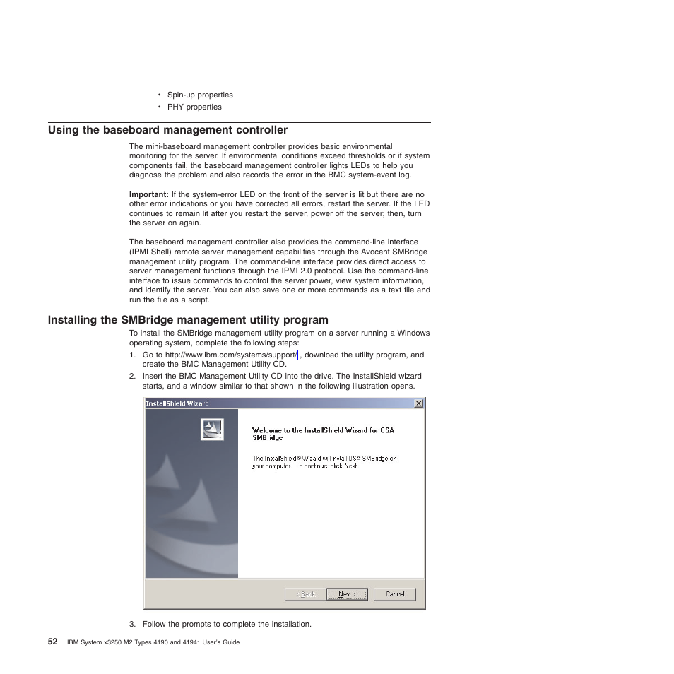 Using the baseboard management controller, Installing the smbridge management utility program, Using | Baseboard, Management, Controller, Installing, Smbridge, Utility, Program | IBM 4190 User Manual | Page 66 / 84