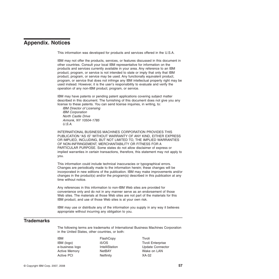 Appendix. notices, Trademarks, Notices | Appendix | IBM 4190 User Manual | Page 71 / 84
