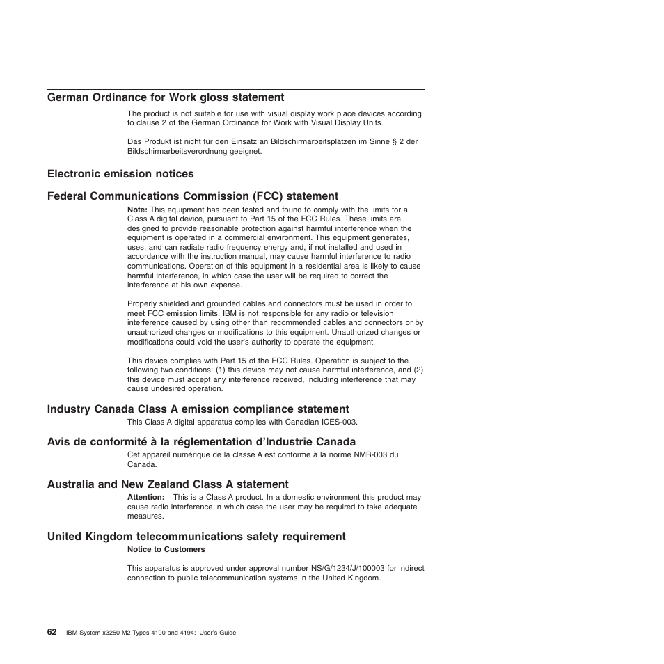 German ordinance for work gloss statement, Electronic emission notices, Federal communications commission (fcc) statement | Australia and new zealand class a statement, German, Ordinance, Work, Gloss, Statement, Electronic | IBM 4190 User Manual | Page 76 / 84