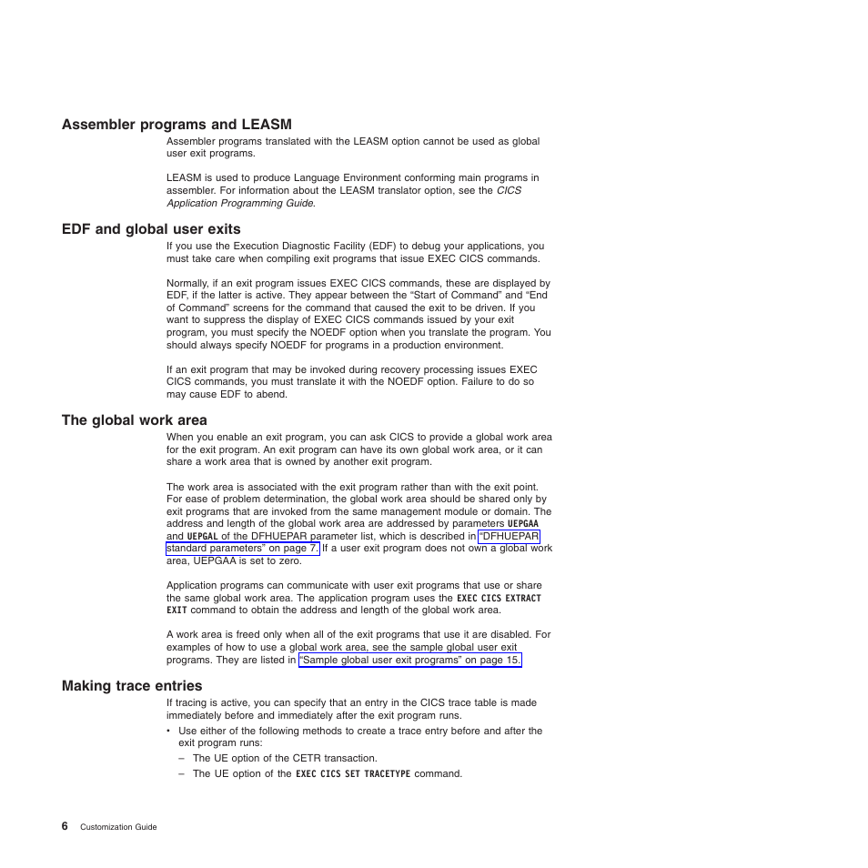 Assembler programs and leasm, Edf and global user exits, The global work area | Making trace entries | IBM SC34-6814-04 User Manual | Page 28 / 953