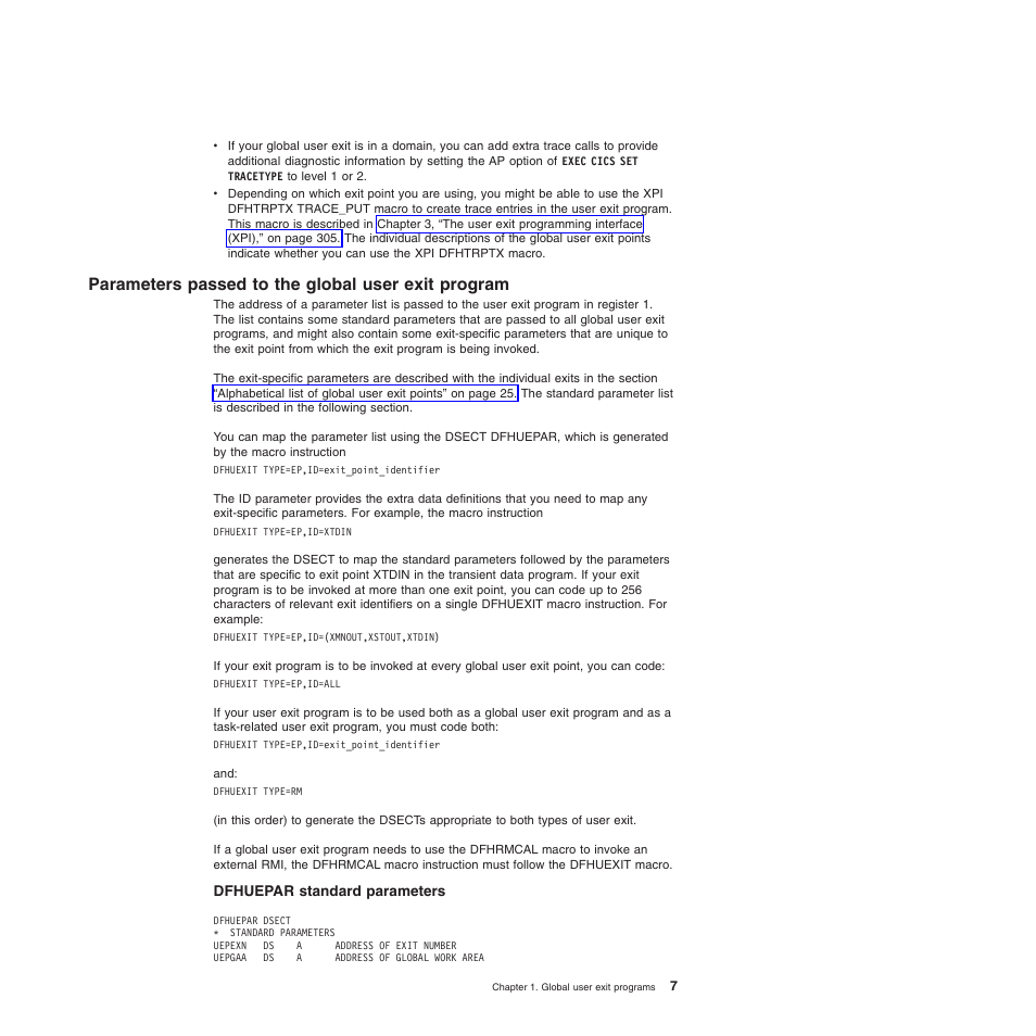 Parameters passed to the global user exit program, Dfhuepar standard parameters | IBM SC34-6814-04 User Manual | Page 29 / 953