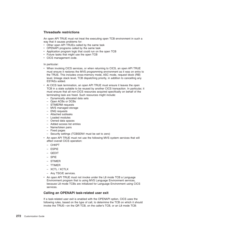 Threadsafe restrictions, Calling an openapi task-related user exit | IBM SC34-6814-04 User Manual | Page 294 / 953