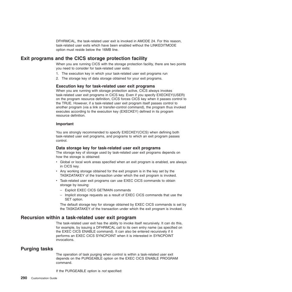 Execution key for task-related user exit programs, Recursion within a task-related user exit program, Purging tasks | IBM SC34-6814-04 User Manual | Page 312 / 953