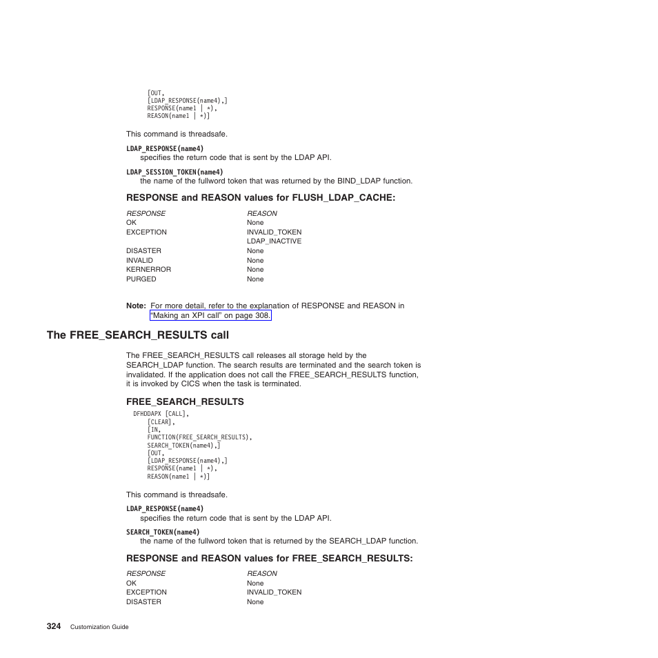 Response and reason values for flush_ldap_cache, The free_search_results call, Response and reason values for free_search_results | IBM SC34-6814-04 User Manual | Page 346 / 953