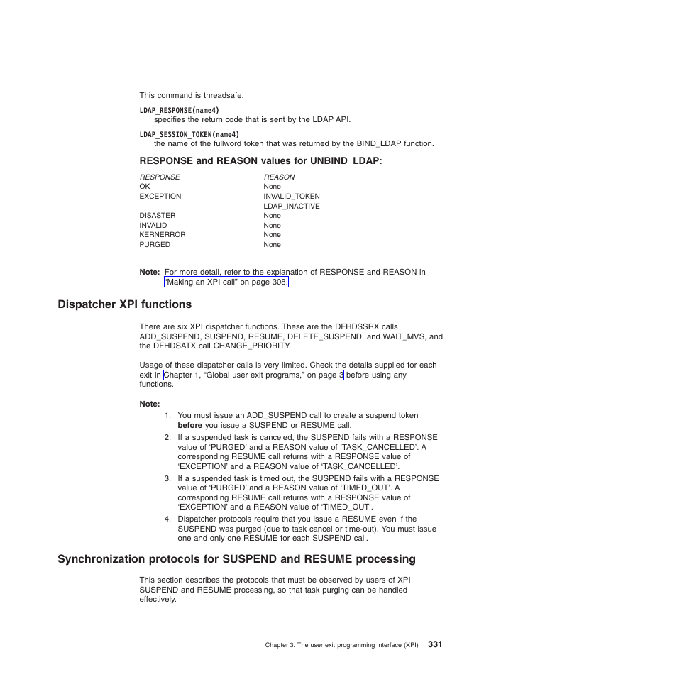 Response and reason values for unbind_ldap, Dispatcher xpi functions | IBM SC34-6814-04 User Manual | Page 353 / 953