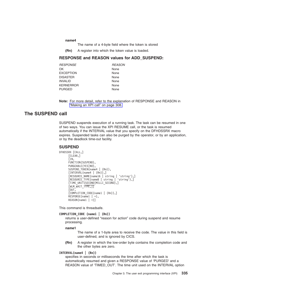 Response and reason values for add_suspend, The suspend call | IBM SC34-6814-04 User Manual | Page 357 / 953