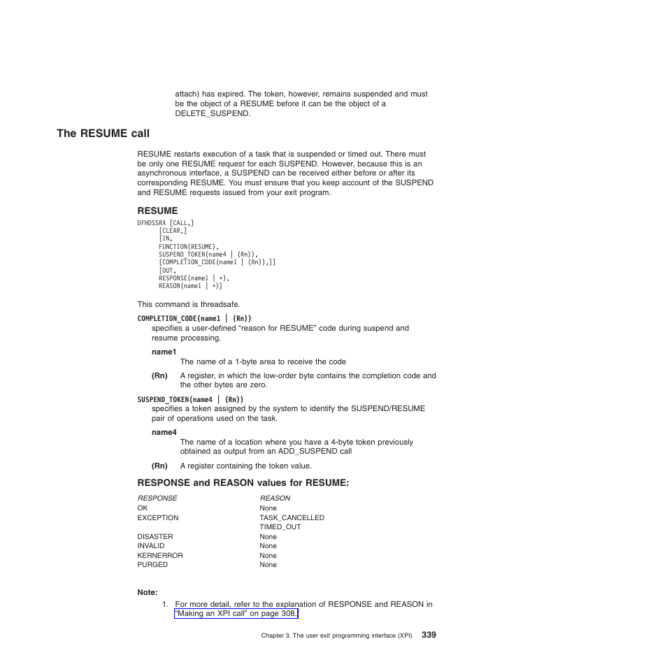 The resume call, Response and reason values for resume | IBM SC34-6814-04 User Manual | Page 361 / 953