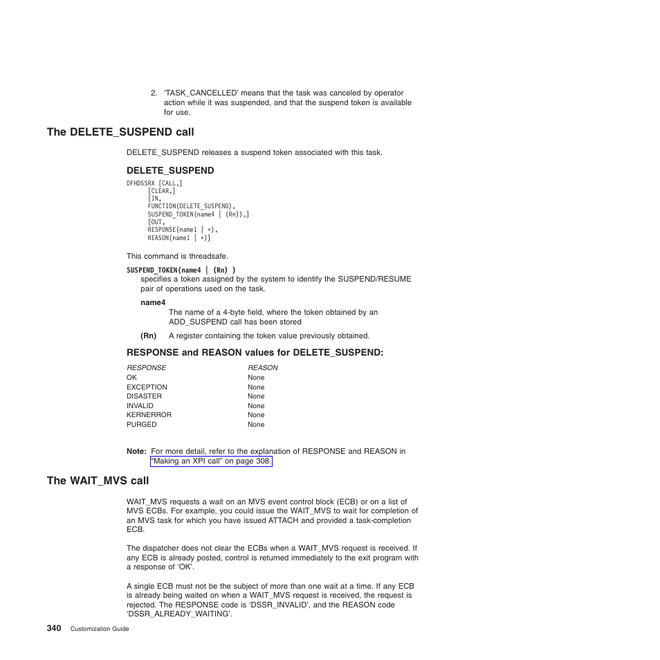 The delete_suspend call, Response and reason values for delete_suspend, The wait_mvs call | The delete_suspend call the wait_mvs call | IBM SC34-6814-04 User Manual | Page 362 / 953