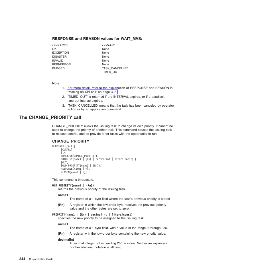 Response and reason values for wait_mvs, The change_priority call | IBM SC34-6814-04 User Manual | Page 366 / 953