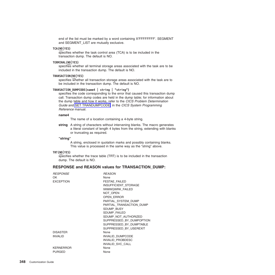 Response and reason values for transaction_dump | IBM SC34-6814-04 User Manual | Page 370 / 953